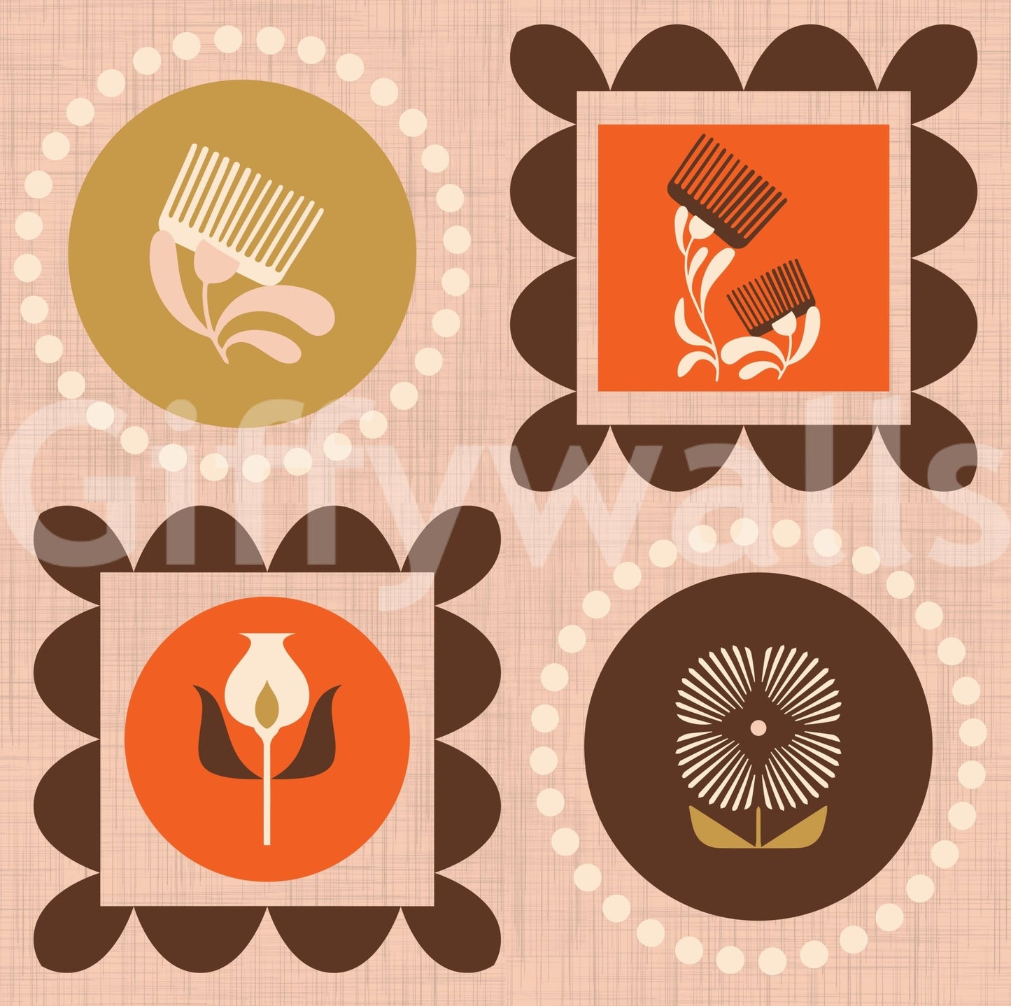 Terracotta Wallpaper with mid-century floral graphics and neat layout