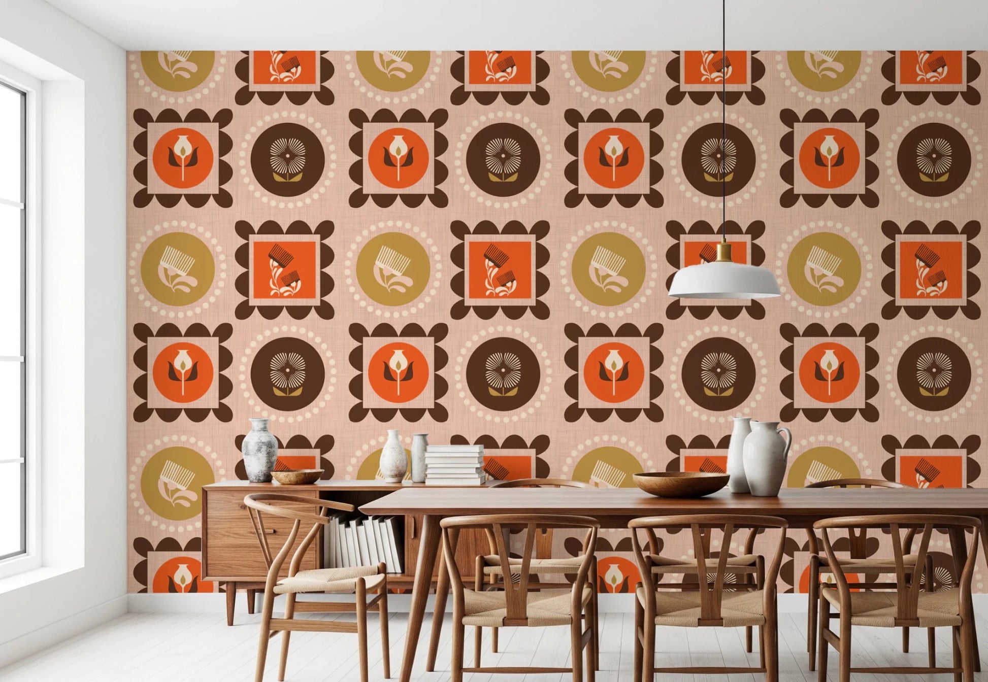 Ocher Terracotta Wallpaper showing framed blooms and dotted borders