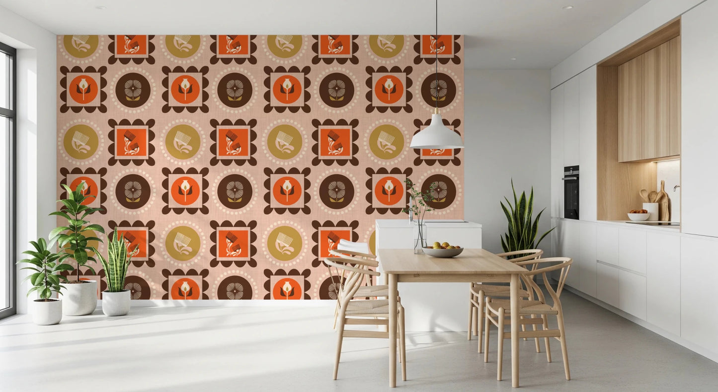 Mid Mod Botanical Wallpaper with floral panels and rounded border shapes
