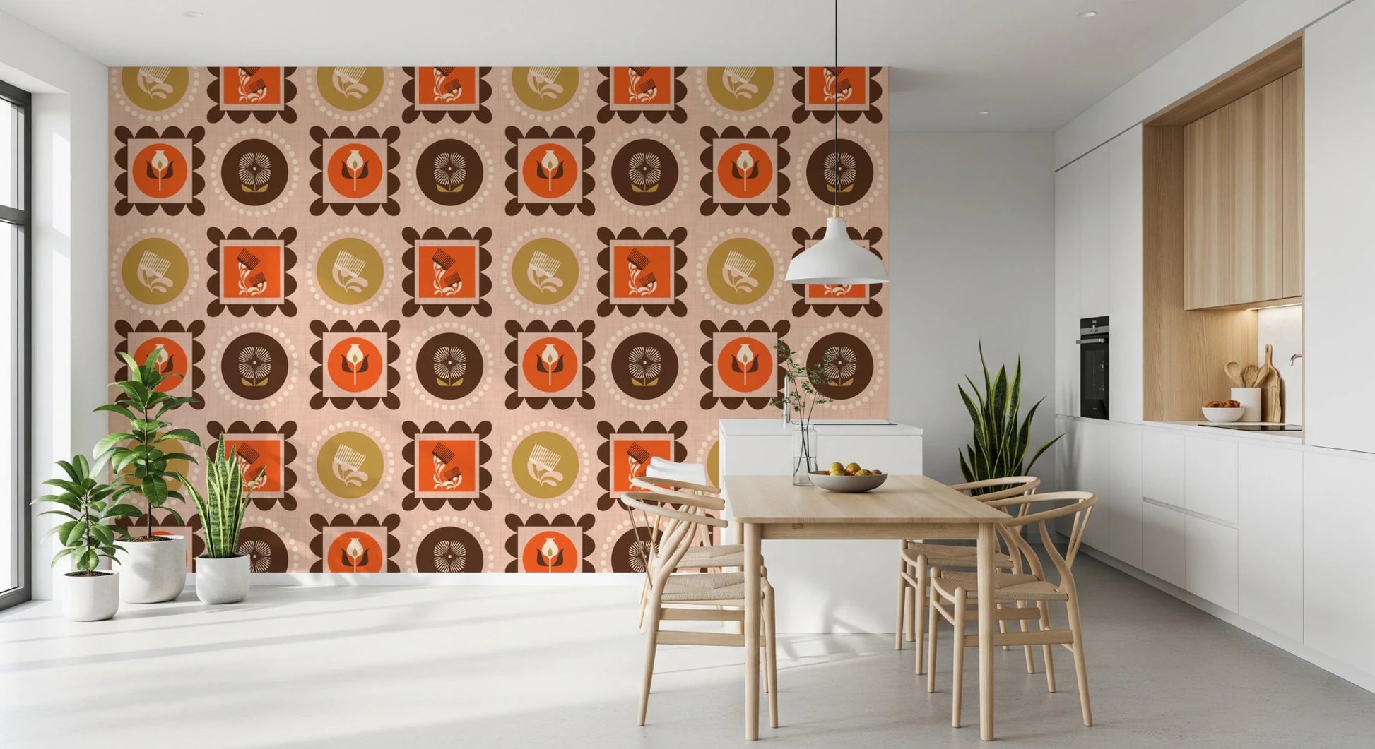 Mid Mod Botanical Wallpaper with floral panels and rounded border shapes