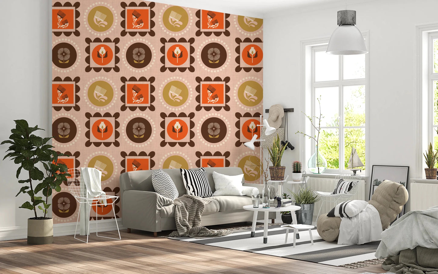 Living room featuring Ocher Terracotta Wallpaper and retro flower panels