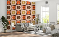 Living room featuring Ocher Terracotta Wallpaper and retro flower panels