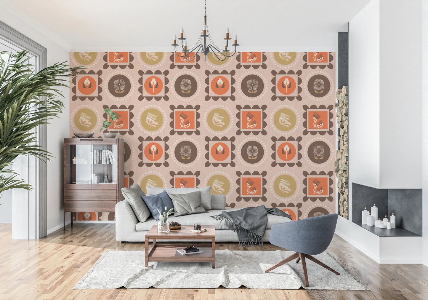 Botanical Collage Wallpaper in terracotta tones with graphic flower forms