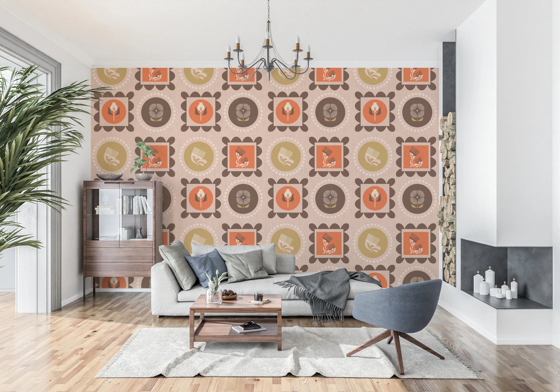 Botanical Collage Wallpaper in terracotta tones with graphic flower forms