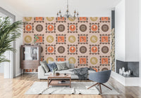 Botanical Collage Wallpaper in terracotta tones with graphic flower forms