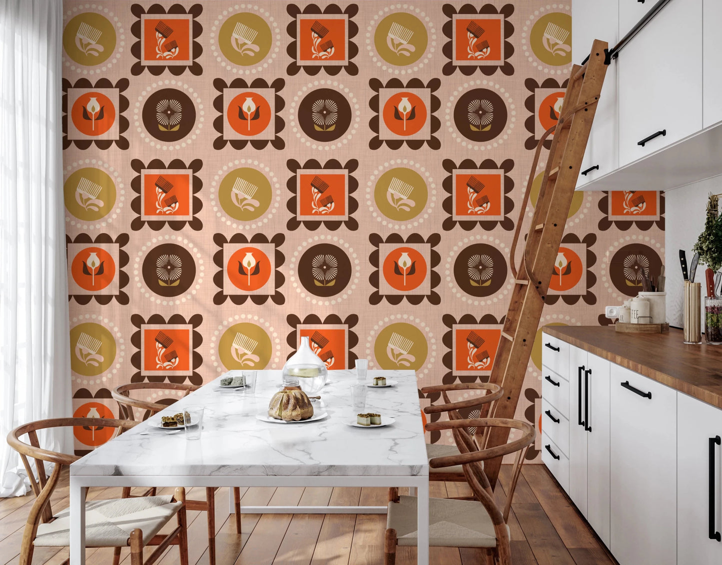 Kitchen area space with Mid Mod Wallpaper in a warm botanical collage layout