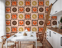 Kitchen area space with Mid Mod Wallpaper in a warm botanical collage layout