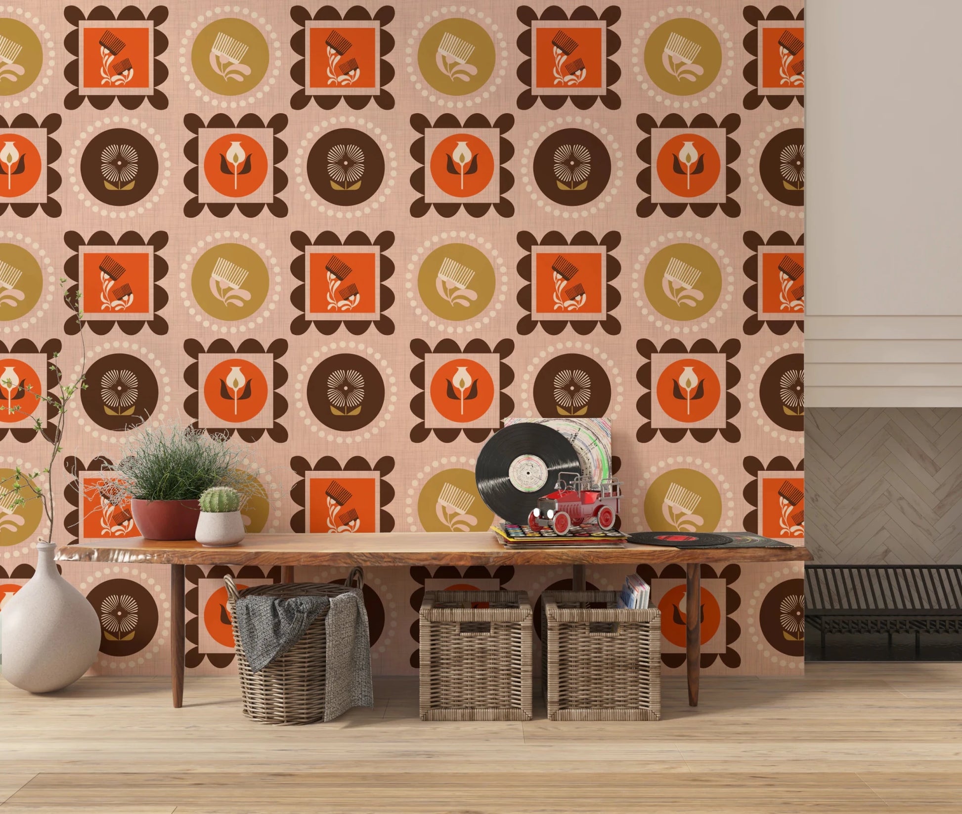 Wildflower Frames Wallpaper with retro motifs on a soft woven-look base