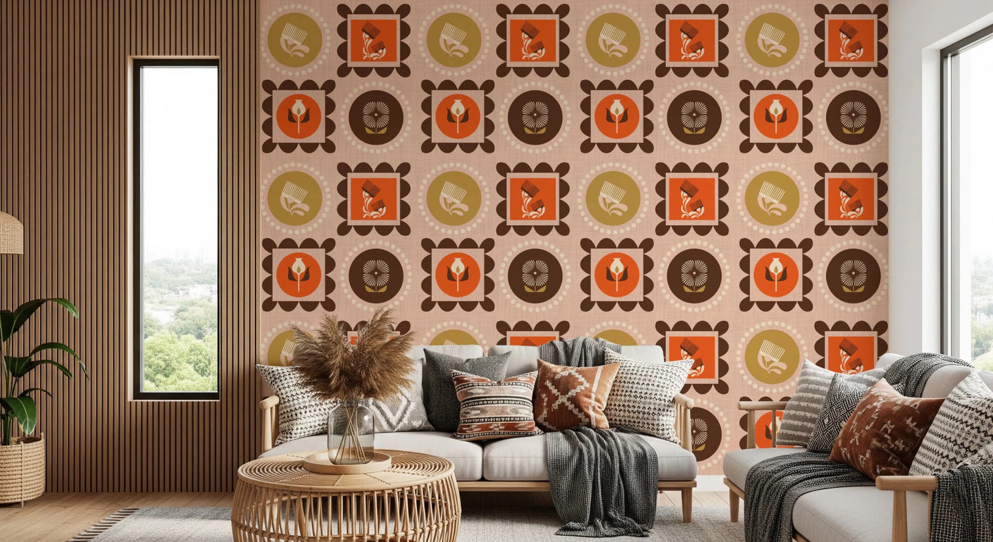Mid Mod Wildflower Frames Wallpaper with ocher circles and floral icons