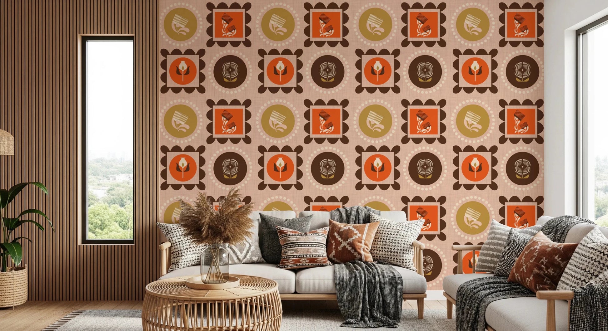 Mid Mod Wildflower Frames Wallpaper with ocher circles and floral icons