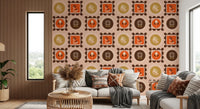 Mid Mod Wildflower Frames Wallpaper with ocher circles and floral icons