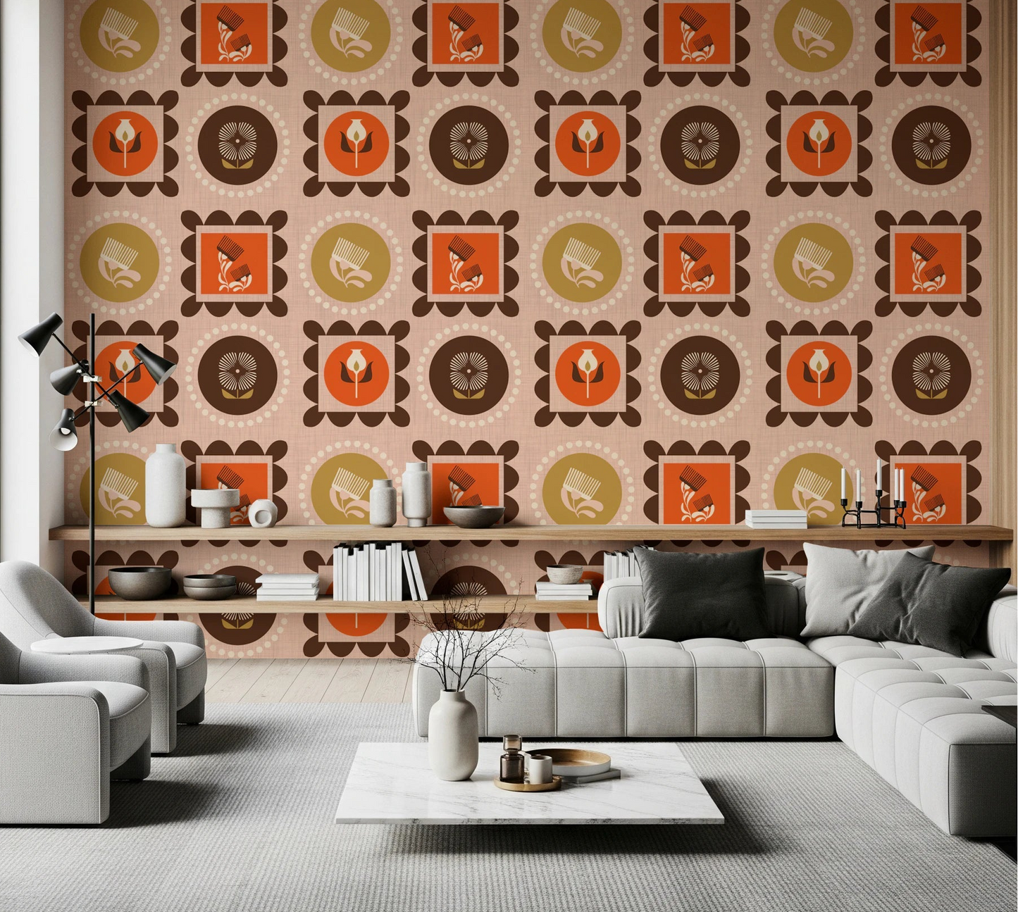 Living room with Mid Mod Wildflower Frames Wallpaper in ocher terracotta