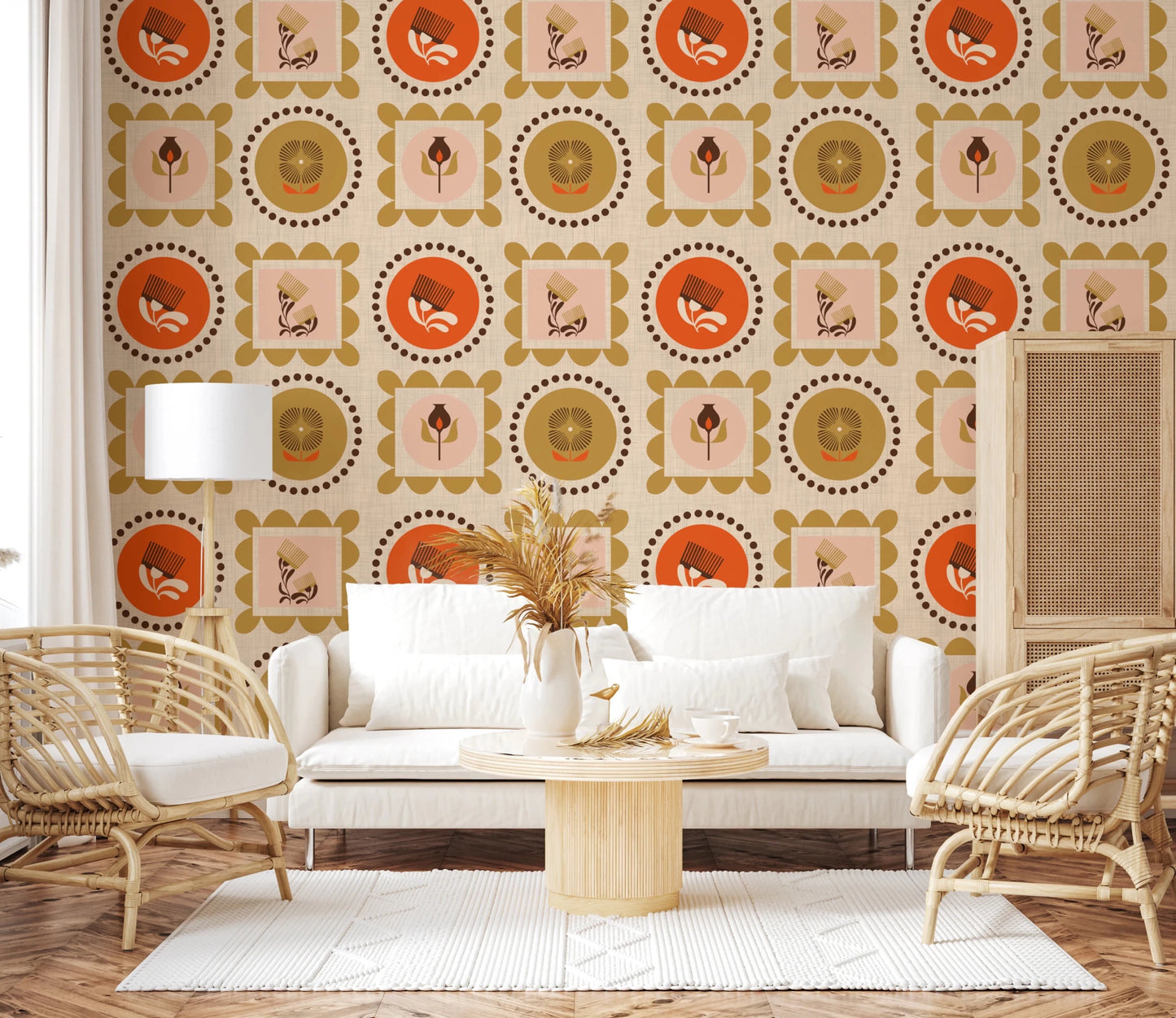 Terracotta Ocher Wallpaper showing mid mod flower forms and dot circles