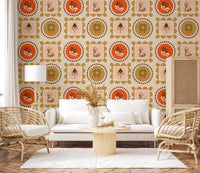 Terracotta Ocher Wallpaper showing mid mod flower forms and dot circles