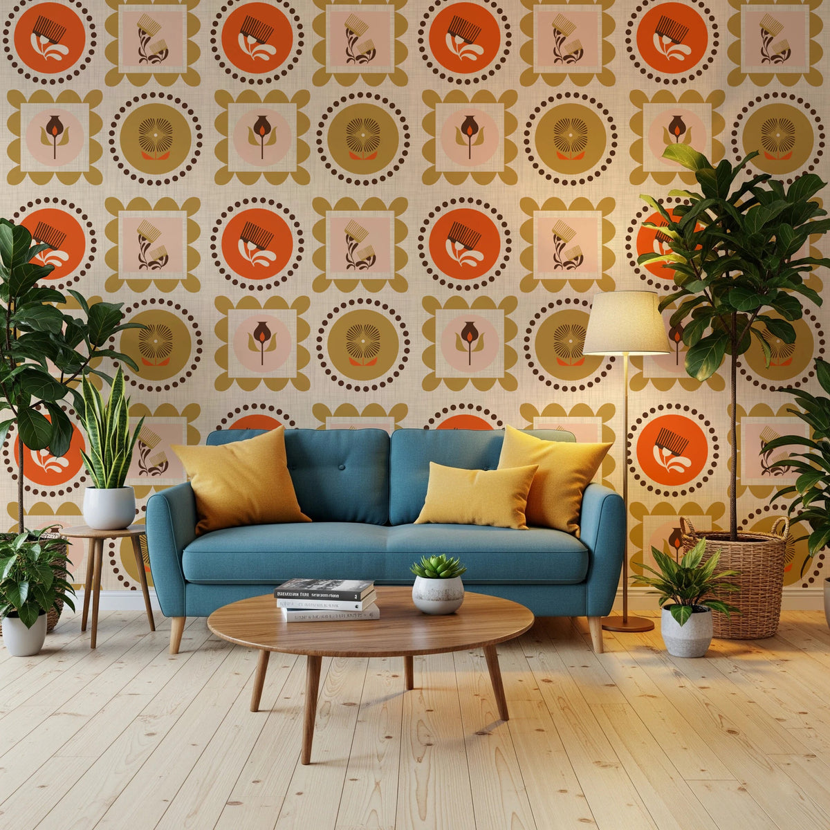 Hallway with Mid Mod Wildflower Frames Wallpaper in terracotta ocher, GD8735