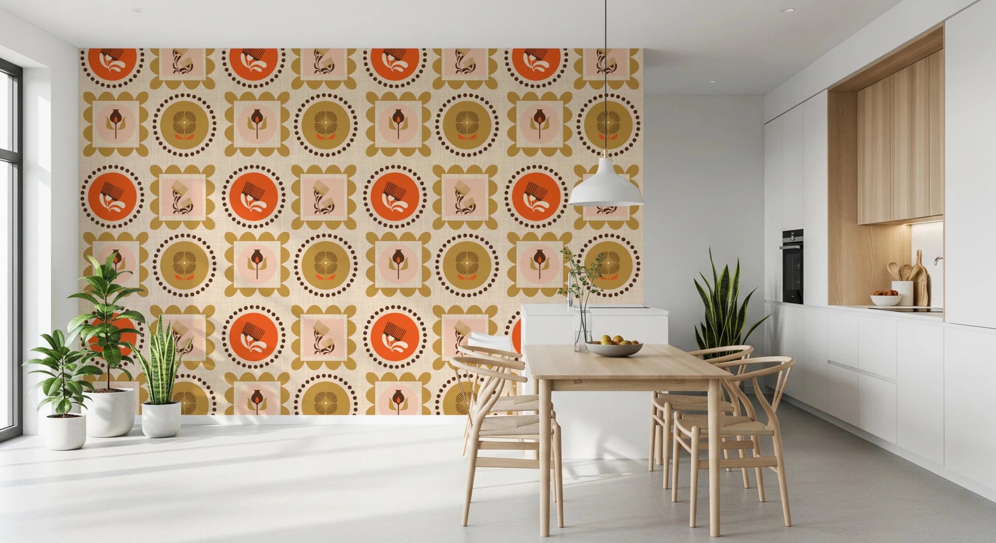 Wildflower Frames Wallpaper with graphic floral panels and warm tones