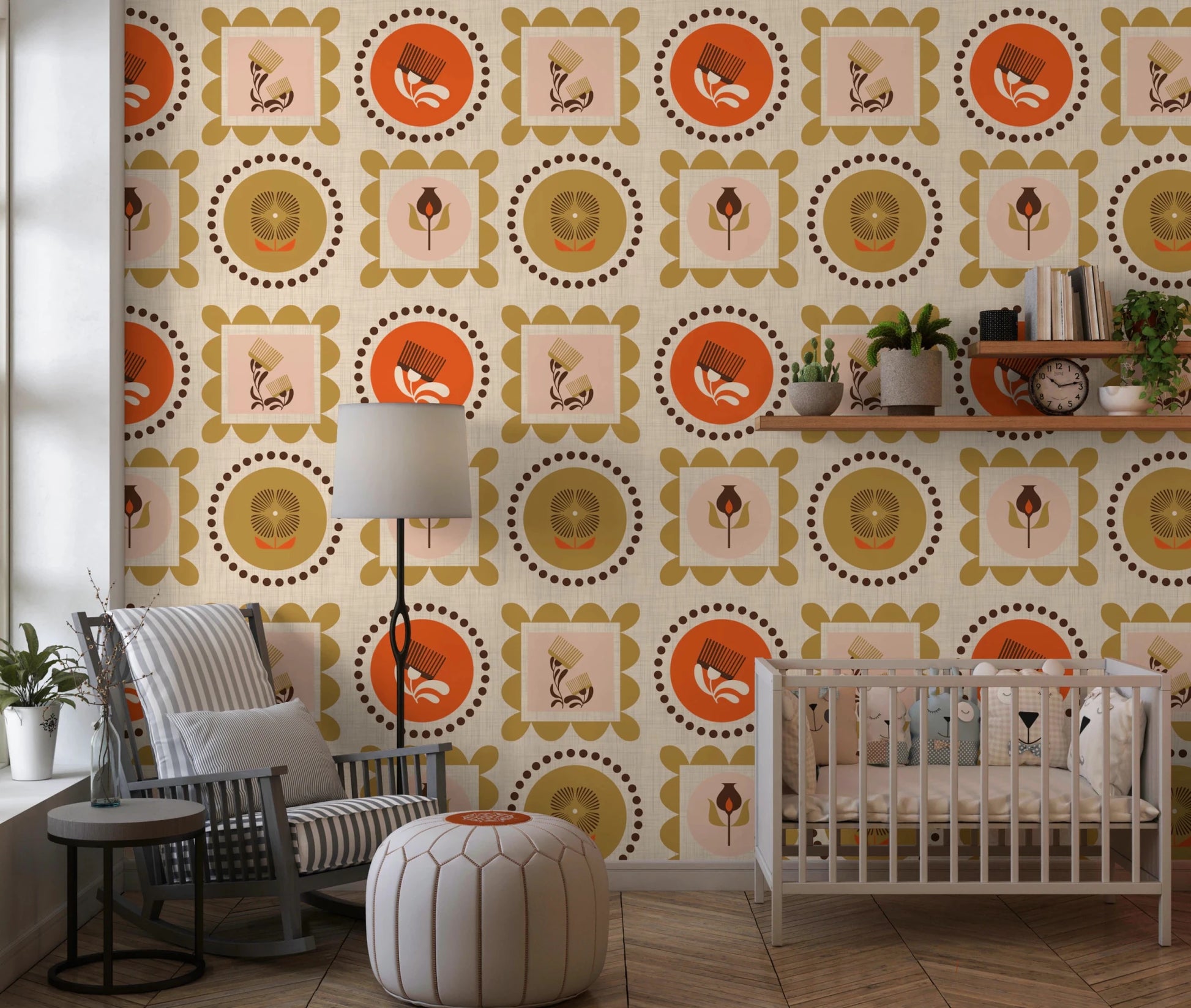 Kids room featuring Terracotta Ocher Wallpaper with retro flower panels