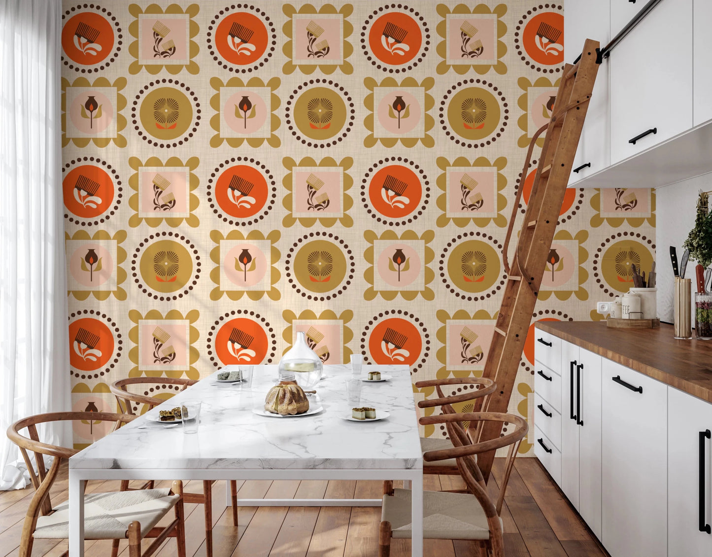 Mid Mod Botanical Wallpaper with ocher shapes and terracotta accents