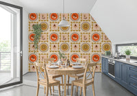Botanical Collage Wallpaper in terracotta ocher with framed floral icons