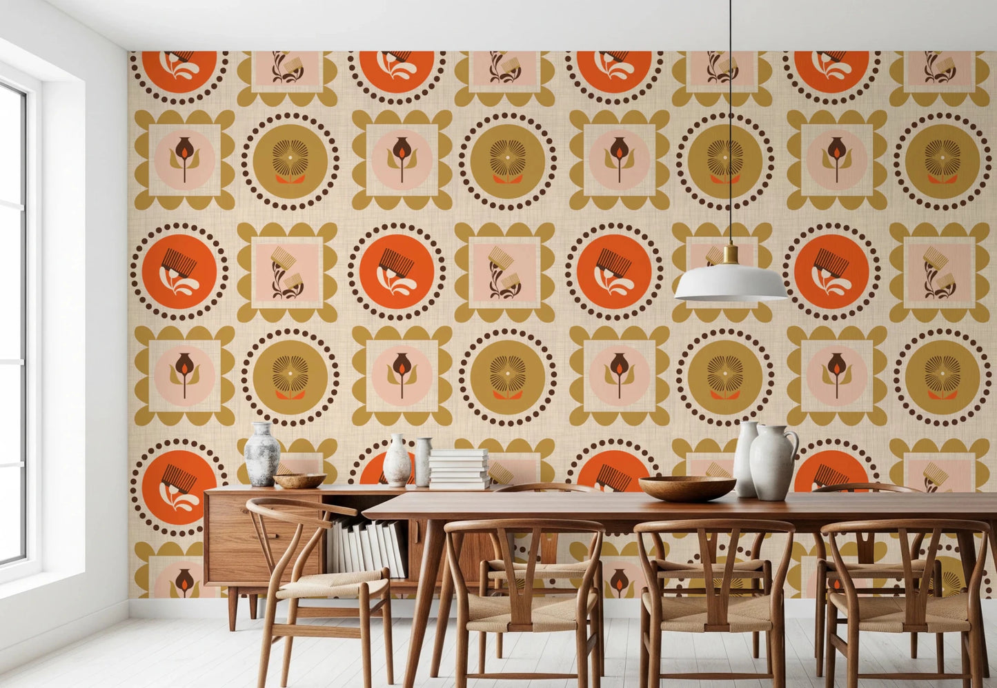 Collage Wallpaper with framed blooms, dotted rings, and retro styling
