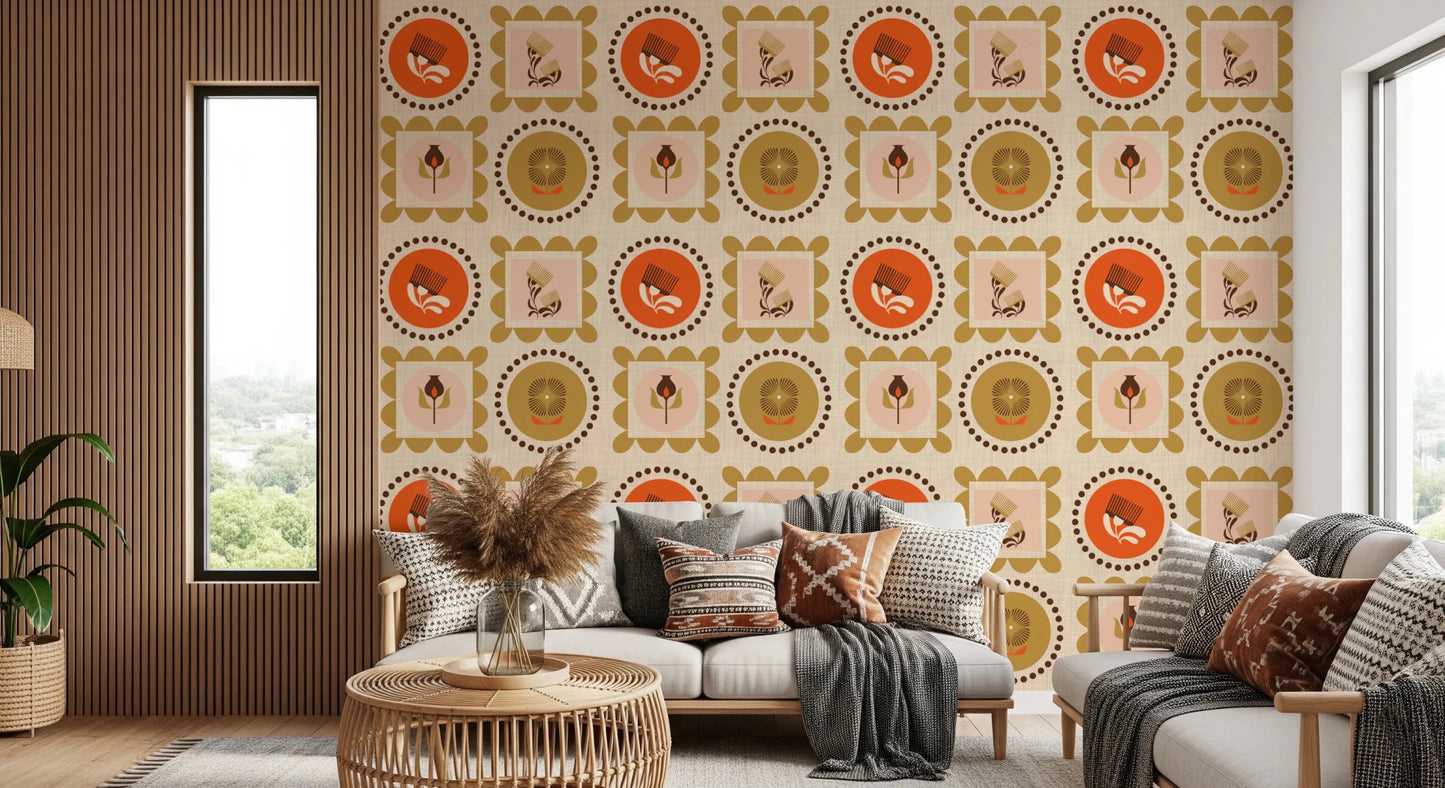 Living room with Mid Mod Wallpaper and wildflower frame pattern