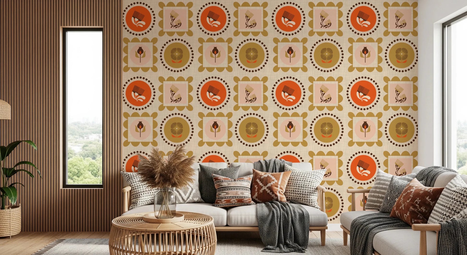 Living room with Mid Mod Wallpaper and wildflower frame pattern