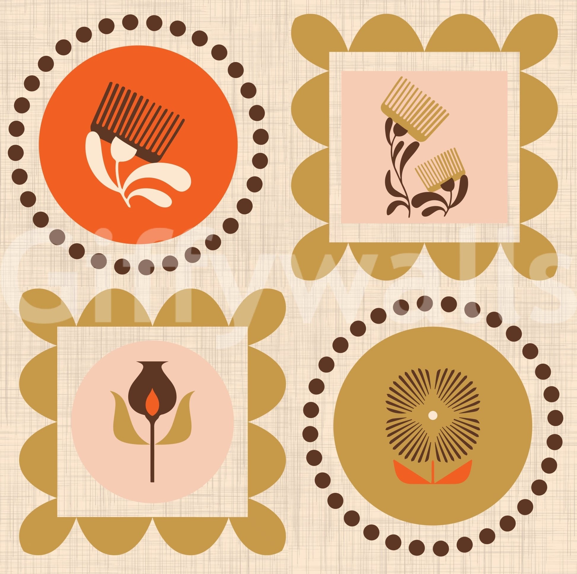 Terracotta Wallpaper with mid-century floral symbols and soft grid base