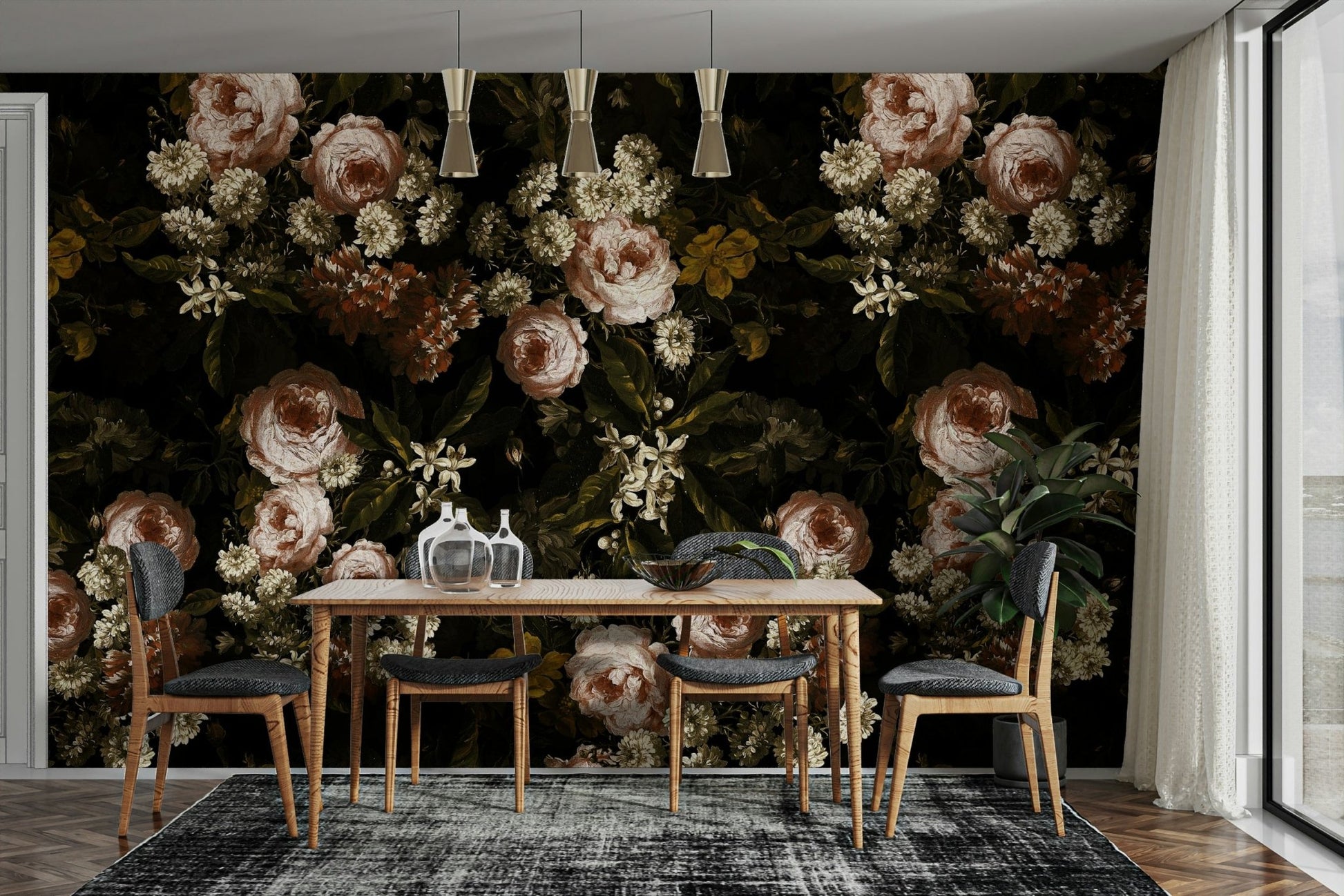A tasteful baroque bloom wall mural of flowers.

