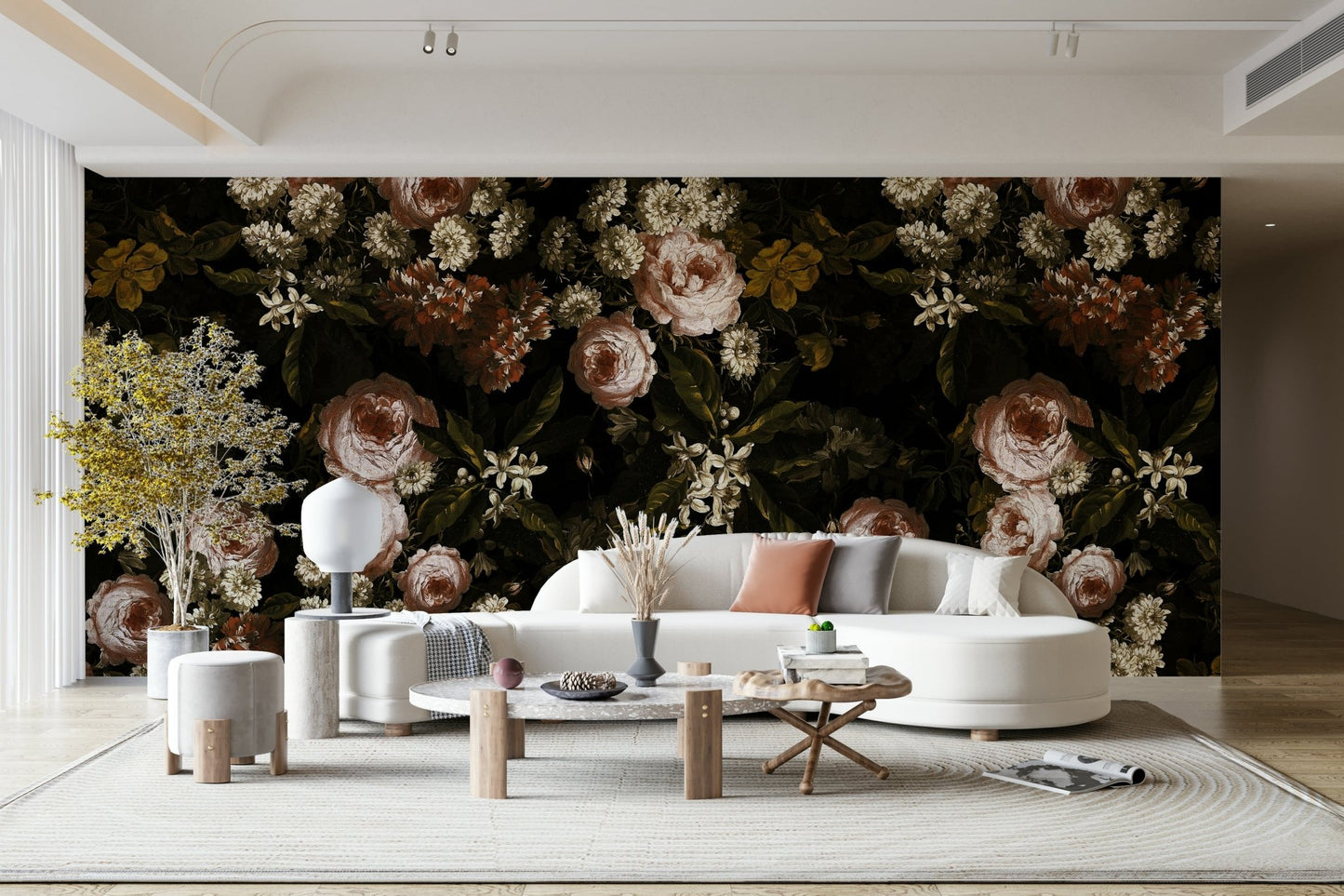 A dramatic baroque bloom wallpaper mural that defines a space.

