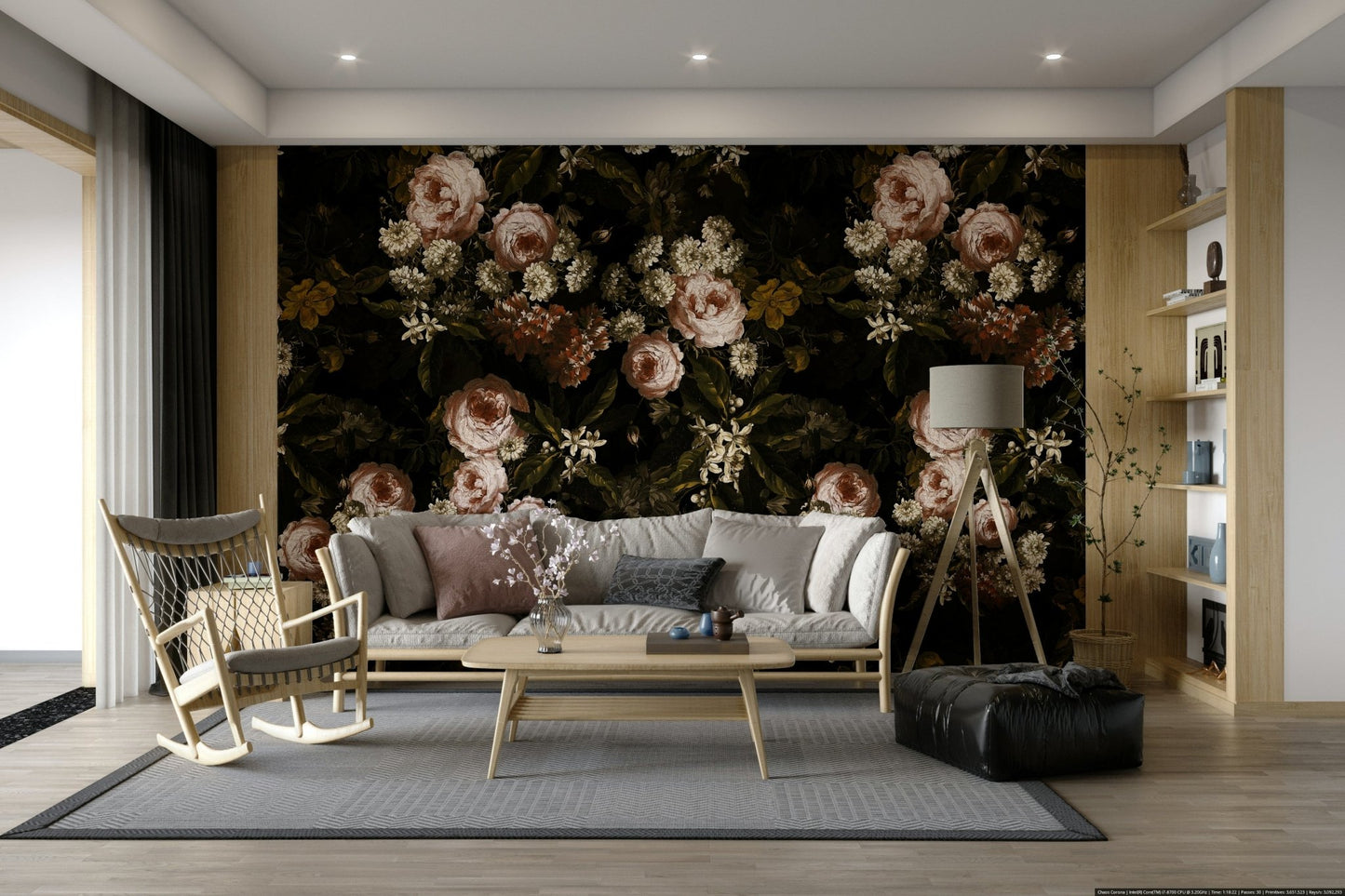 A sophisticated dark floral wallpaper mural for a feature wall.

