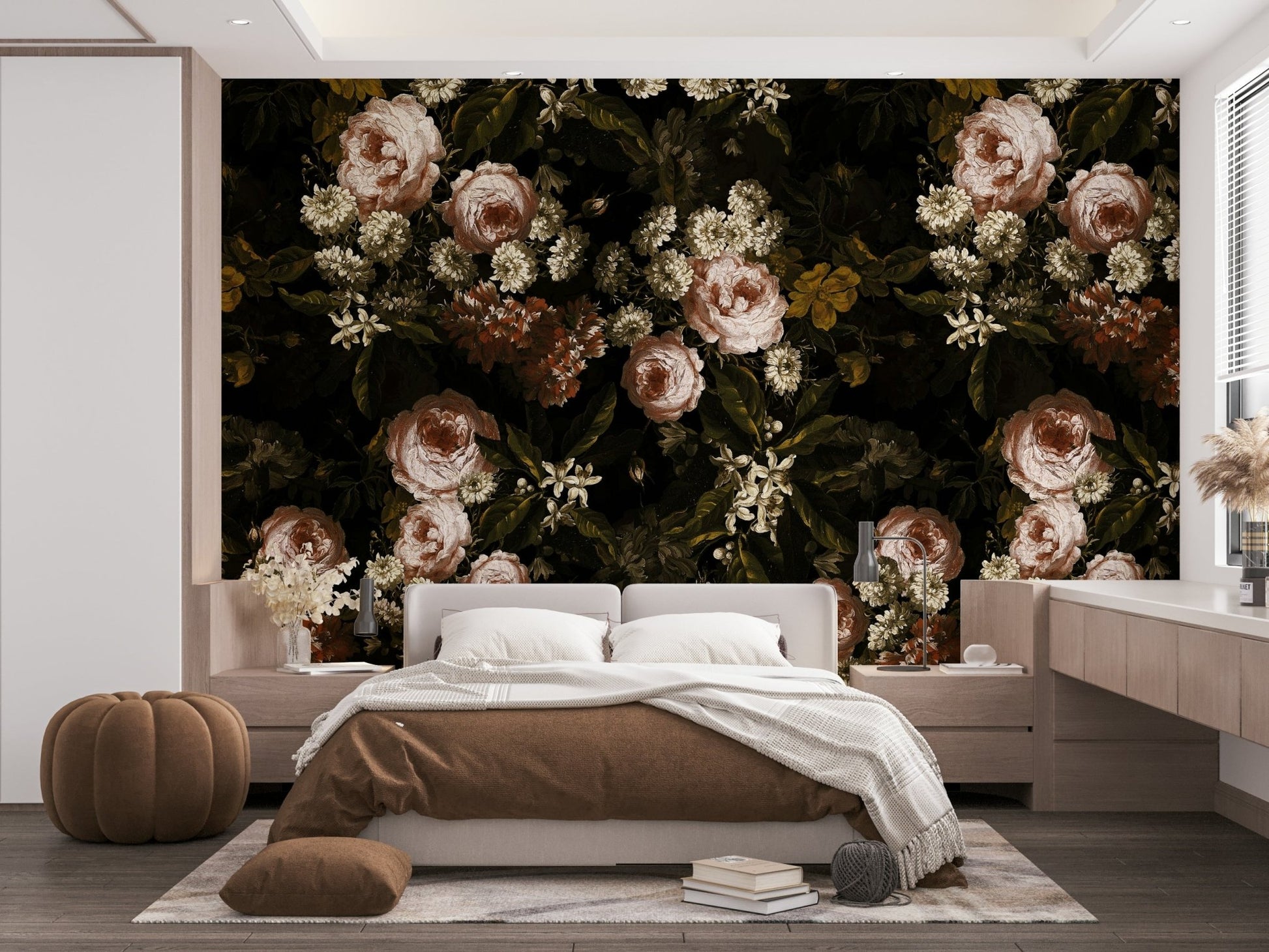 An elegant midnight bloom wall mural for dramatic decor.

