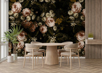 A moody baroque bloom mural for stylish wallpaper.

