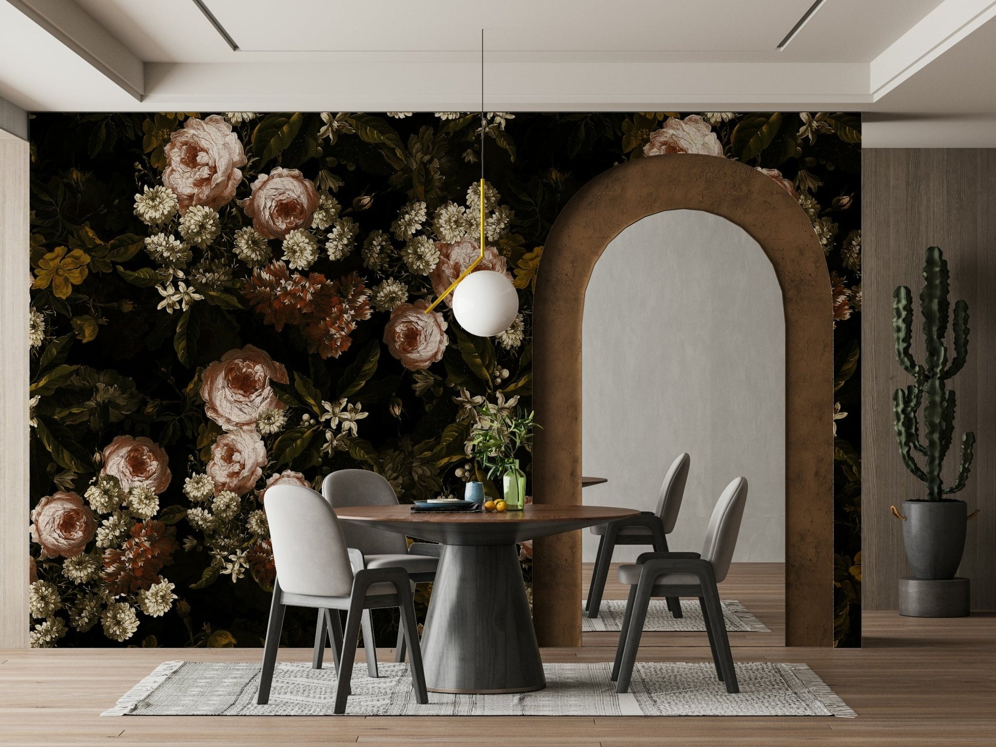A graceful flower wall mural in rich, dark tones.

