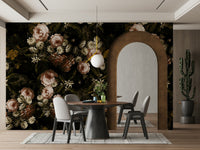 A graceful flower wall mural in rich, dark tones.

