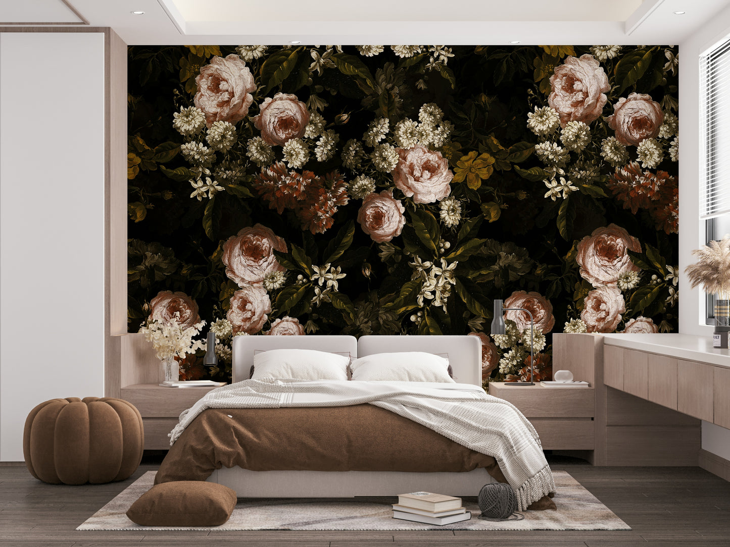 An elegant midnight bloom wall mural for dramatic decor.

