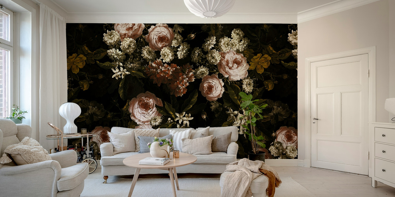 A beautiful dark floral baroque wallpaper mural.

