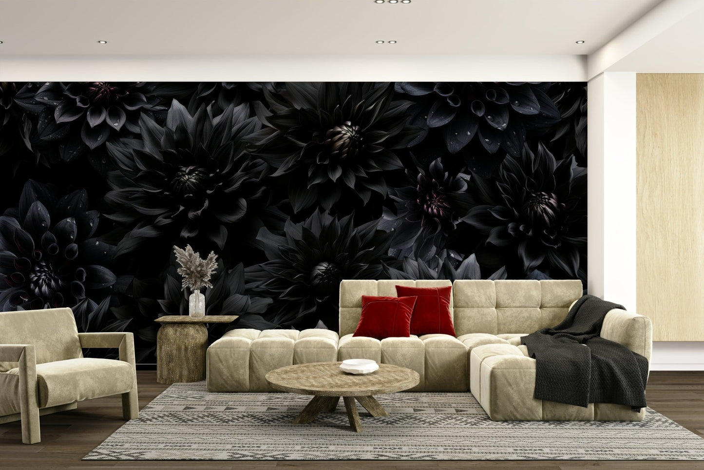Bold flower wallpaper in rich midnight hues

