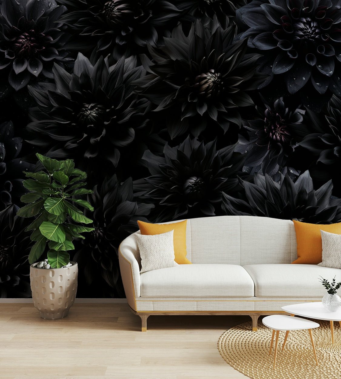 Night garden mural with blooming flowers

