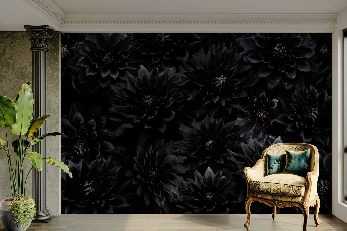 Moody floral wall design with a painterly style

