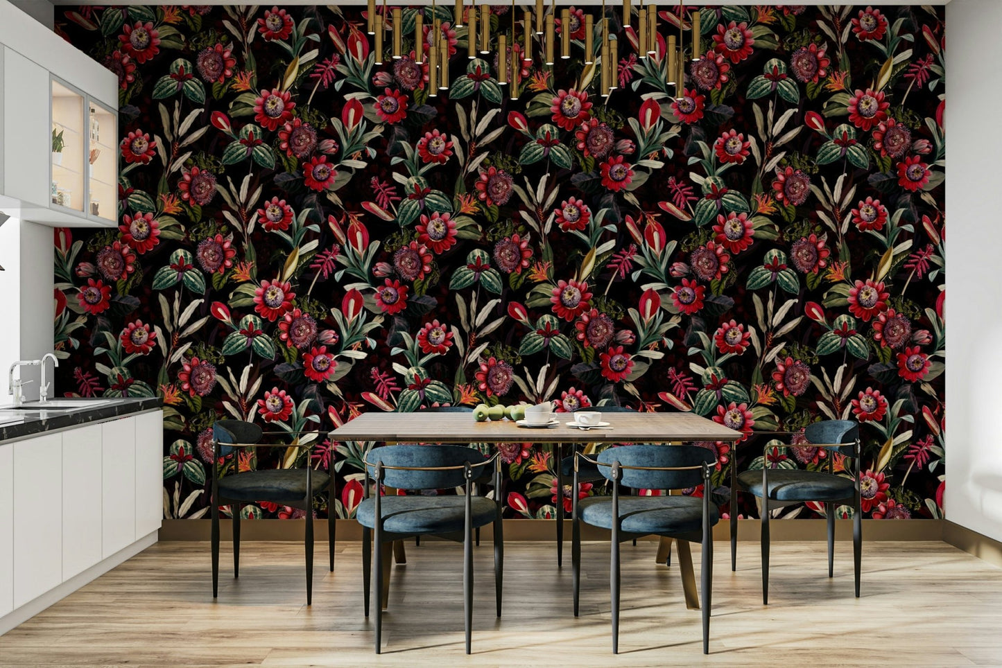 Floral wallpaper design with deep midnight tones

