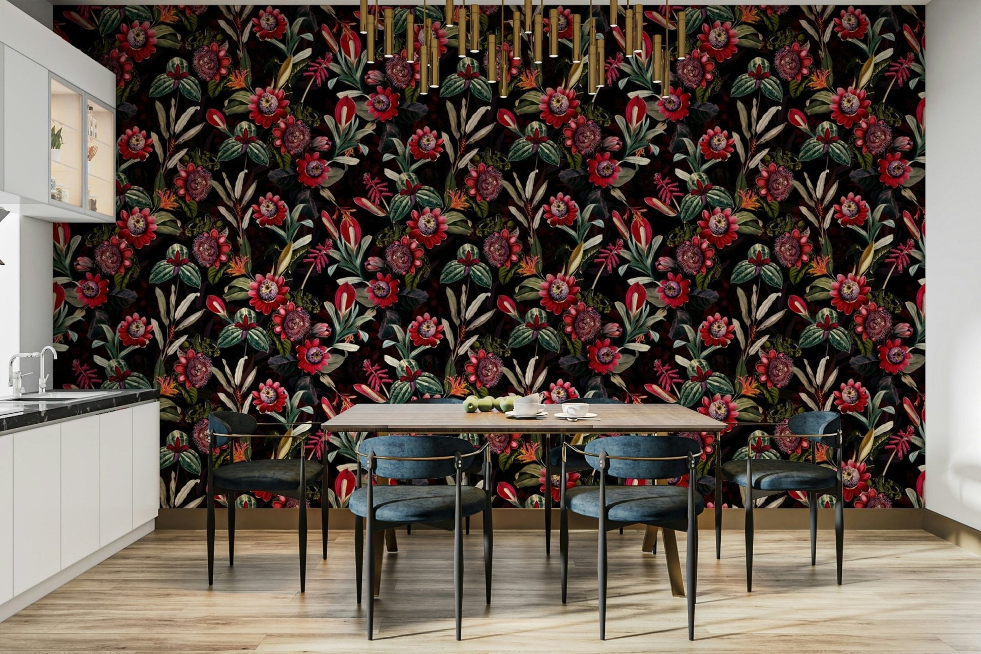 Floral wallpaper design with deep midnight tones

