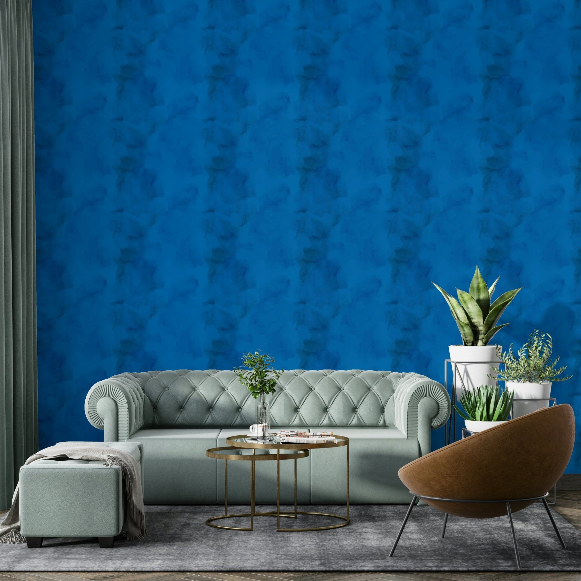 A beautiful modern living room with a midnight bloom floral mural.

