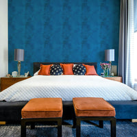 A minimalist home office with the midnight bloom wallpaper.

