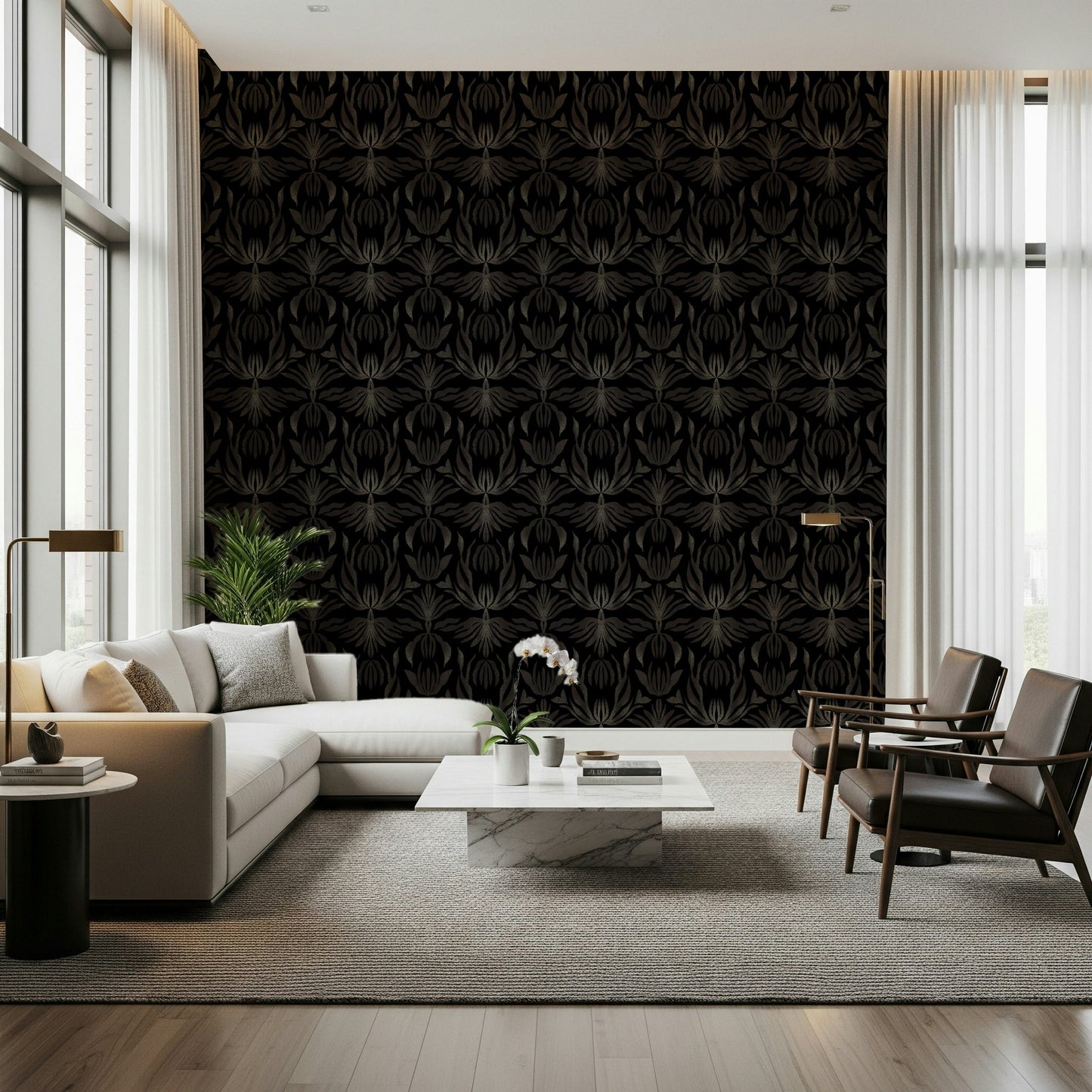 A serene subtle floral wall mural in rich, dark tones.