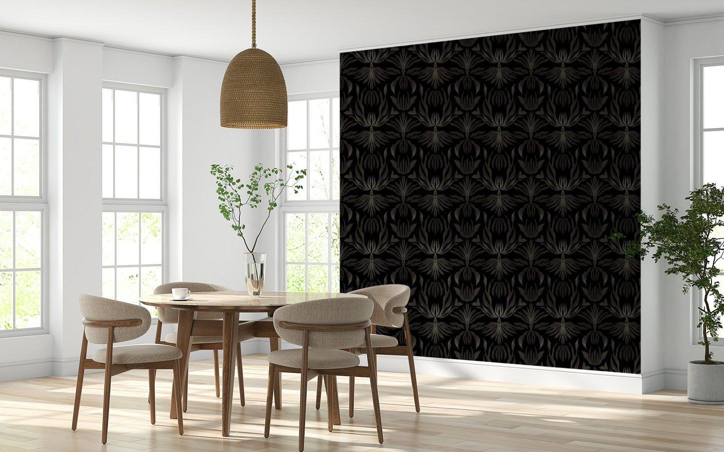 A beautiful Art Deco damask wallpaper mural featuring abstract palm leaves on a dark background.