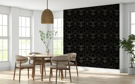 A beautiful Art Deco damask wallpaper mural featuring abstract palm leaves on a dark background., GD5973