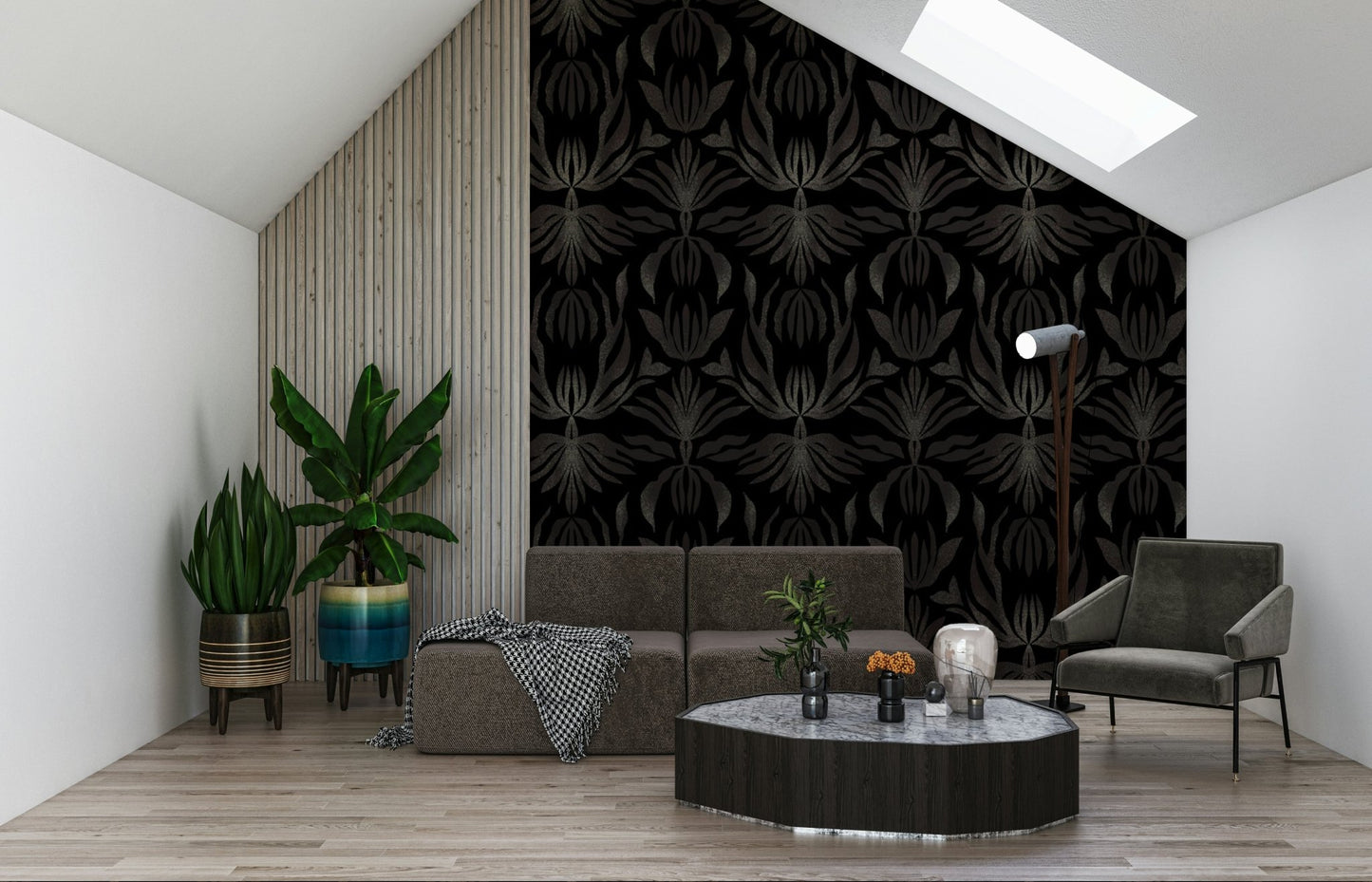An artistic elegant palm leaf mural on luxury wallpaper.