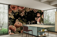Deep-toned flower mural with dramatic flair

