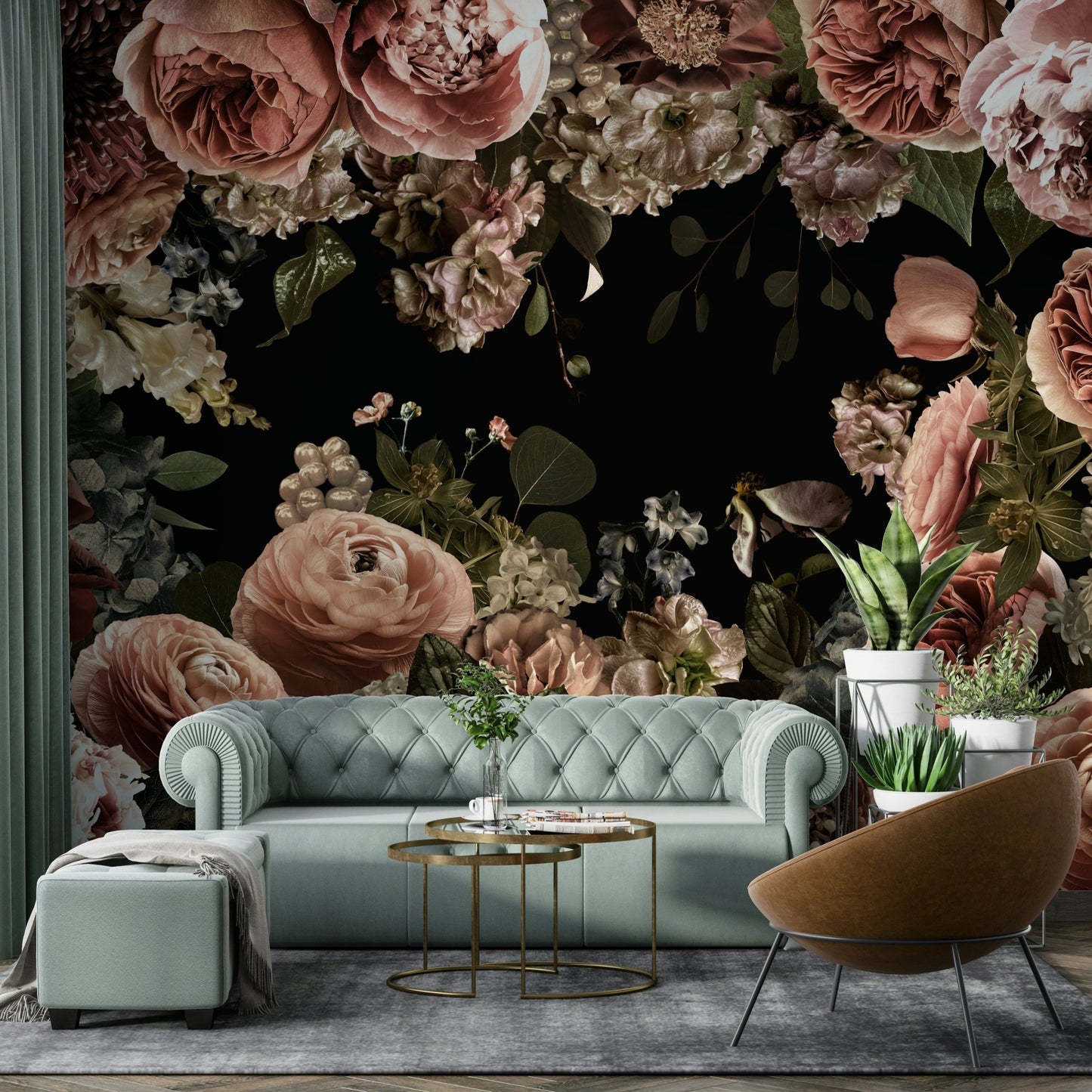 Large flower mural with deep color palette

