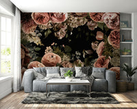 Blooming florals mural in dark, romantic style


